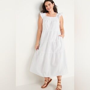 BNWT OLD NAVY Flutter Sleeve Tiered Smock Midi/Maxi Dress in White. SZSmall Tall